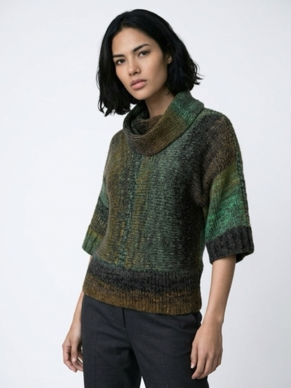 Fever Women's Cowl Neck Sweater in Olive Green & Brown